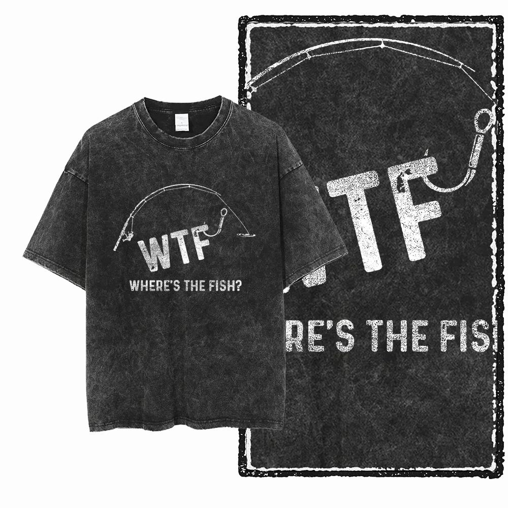 YB FISHING THEME Acid Washed Graphic Unisex Cotton T-Shirt - Cool Streetwear, Big Size