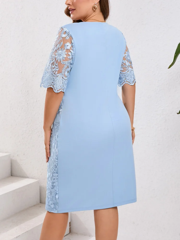 GIBSIE Plus Size Embroidered Lace Half Sleeve O-Neck Dress Women's Summer Autumn Cocktail Party Elegant Bodycon Midi Dresses 2
