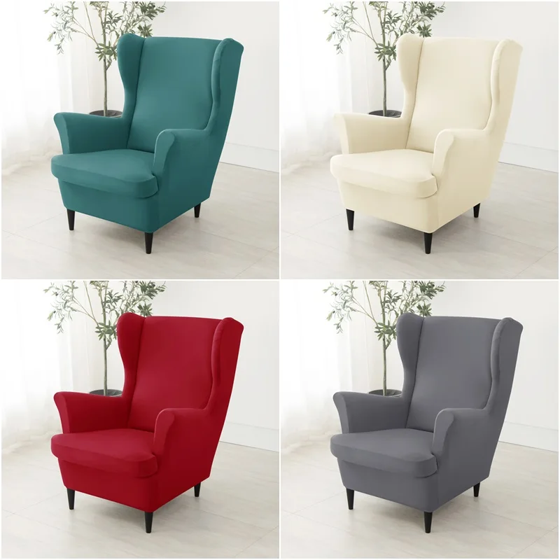 

Solid Color Wing Chair Cover Stretch Spandex Kingback Armchair Covers Non-Slip Relax Sofa Slipcovers with Seat Cushion Cover