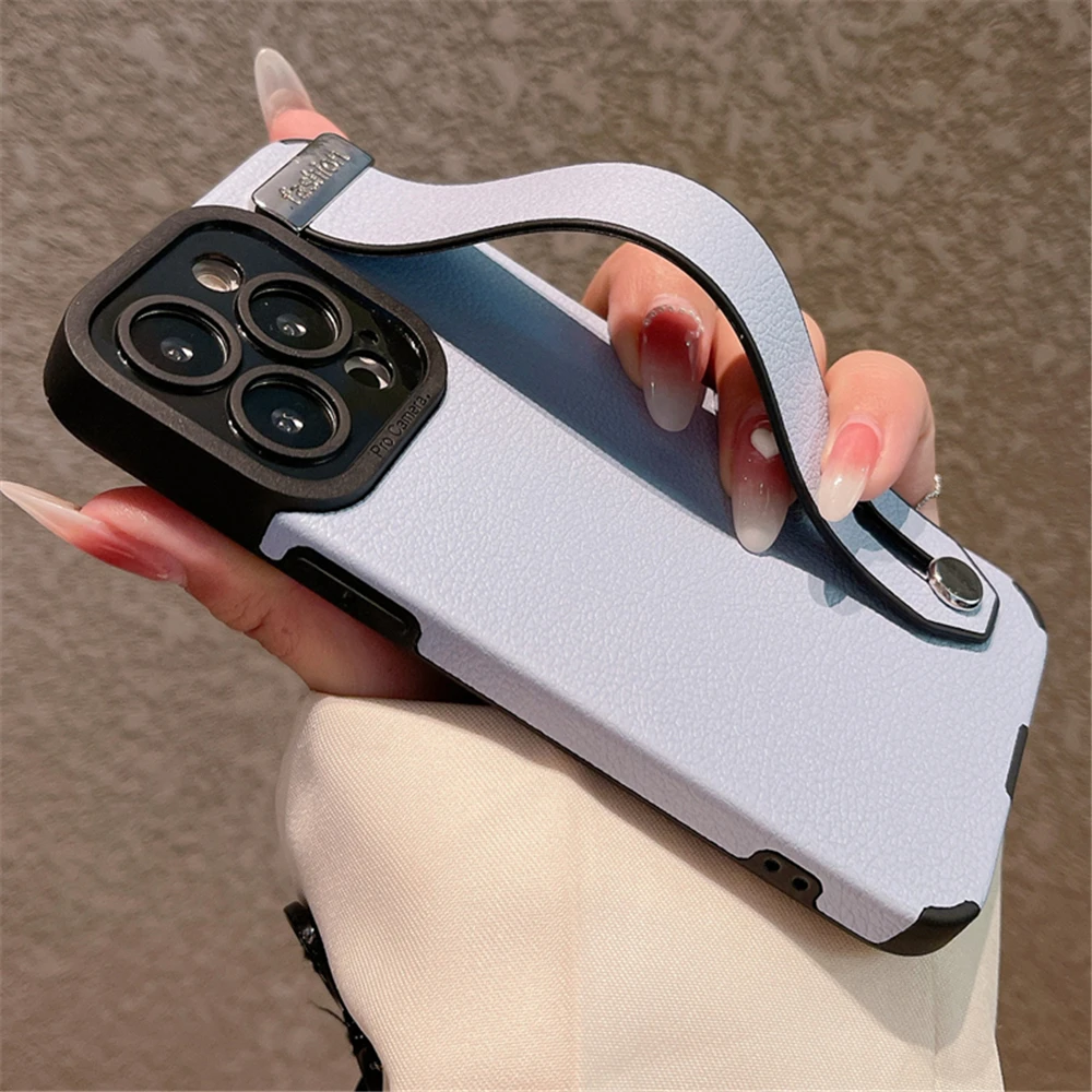 Luxury Leather Wrist Strap Holder Stand Phone Bracket Cover For iPhone 15 14 Pro Max 11 12 13 Pro Max Shockproof Silicone Case