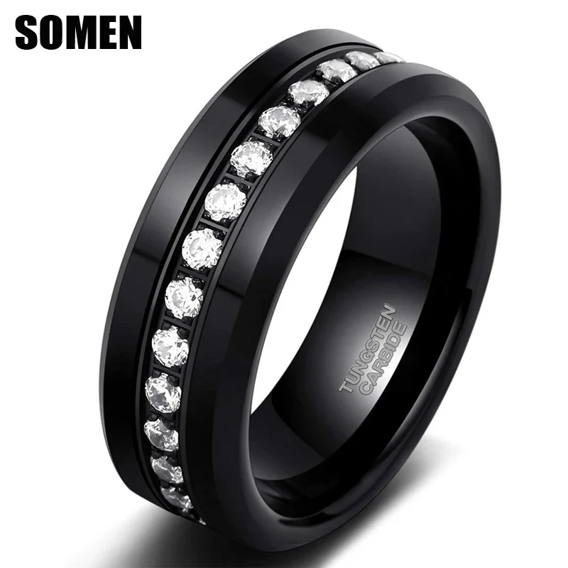 Tigrade 8Mm Mens Cz Rings Black Tungsteno Wedding Band Simulato Diamond Inlay Channel Set Comfort Fit Ring Per Gioielli Maschili