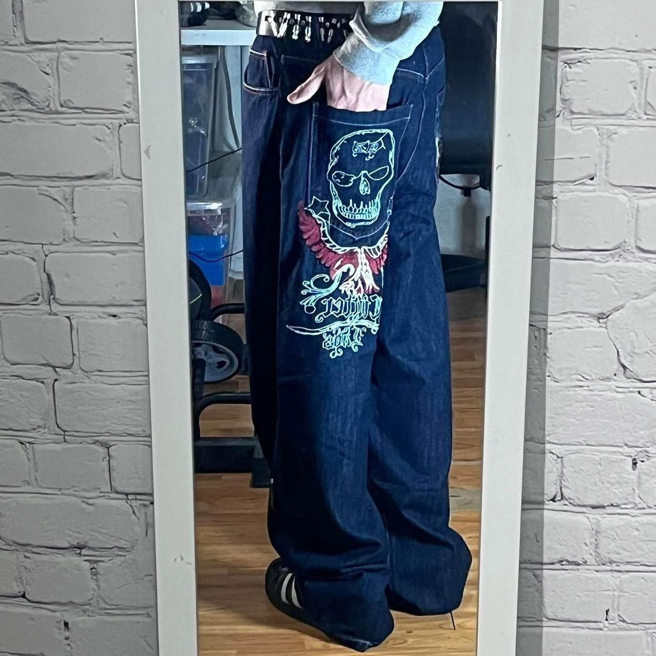 Men's Streetwear Hiphop Baggy Wide Leg Jeans Vintage 90s Heavy Embroidery Skull Wing Oversized Denim Trousers