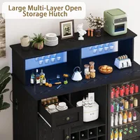 55" Farmhouse Wine Bar Cabinet with Mini Fridge Space, LED Lights & Power Outlet, Black Kitchen Buffet Hutch for Living Room 3