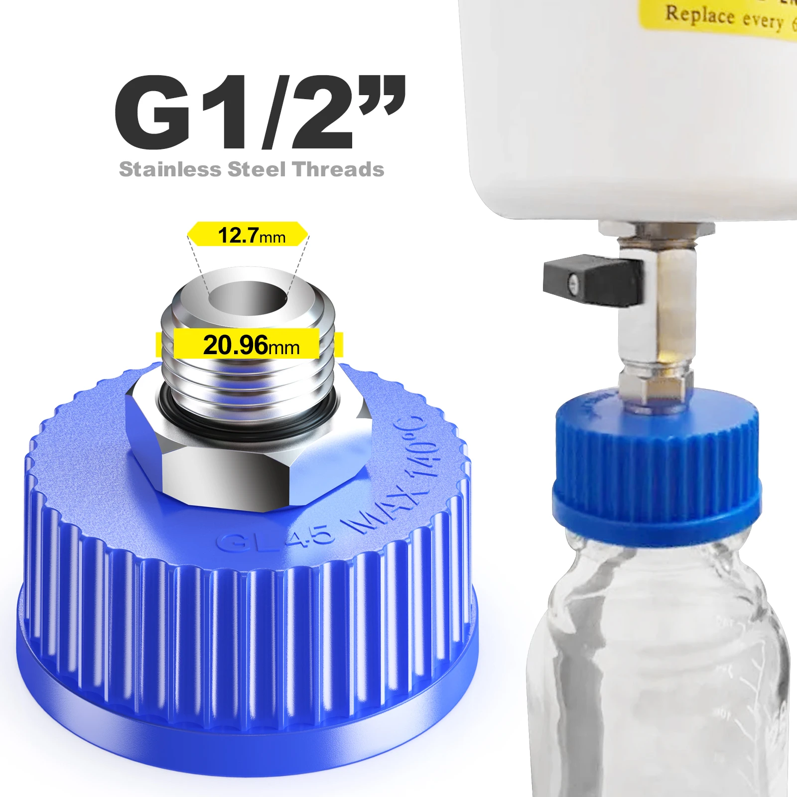 GL45 / GL80 Liquid Media Cap with 1/2&rdquo; G / 1/4"G Stainless Steel Threads for Industrial Laboratory Liquid Extraction, 1pcs