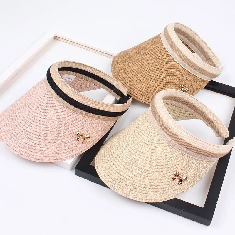

Adult Child Woman's Sun Visor Hats Female Bowknot Visor Caps Hand Made DIY Straw Summer Cap Casual Empty Top Hat Beach