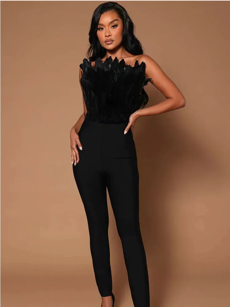 

Women Black Dress Jumpsuit Bandage Strapless Feathers Patchwork Leggings Bodycon Rompers Celebrity Evening Club Party Streetwear