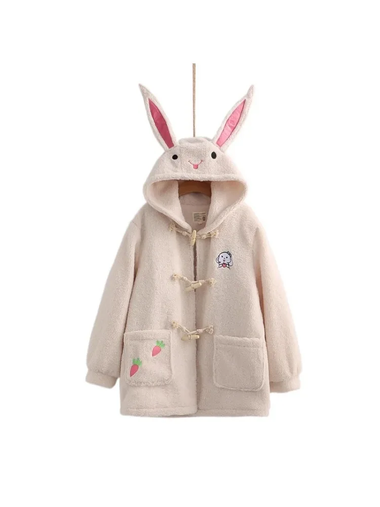 

Women Wool & Blends Hooded Coats JacketsSolid Sweet Style Cartoon Rabbit Embroidery Harajuku Outerwear 2021 Winter Cute Tops