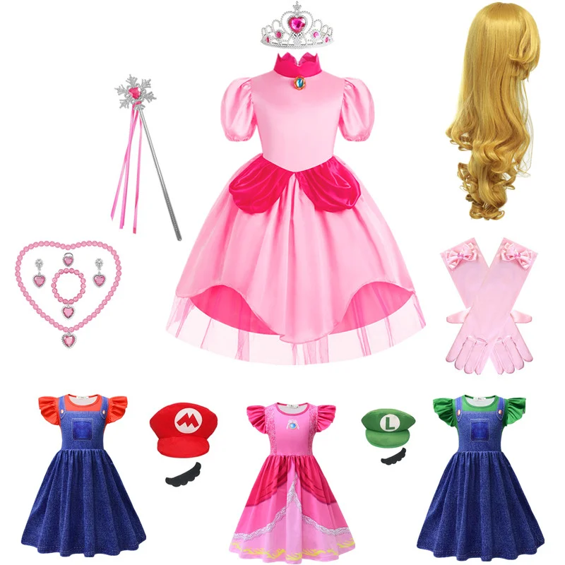 New Princess Peach Classic Girls Costume Super Peach Halloween Kids Costume Cosplay Brothers Idraulico Dress Up Princess Dress