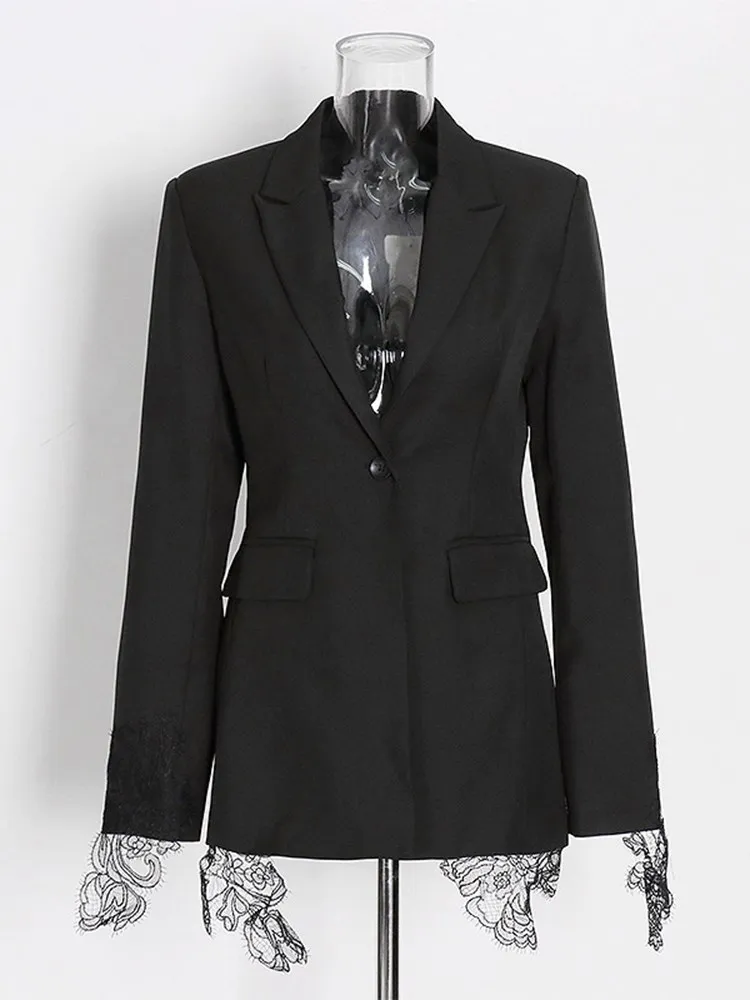 KBQ Spliced Lace Solid Elegant Blazer For Women Notched Collar Long Sleeve Patchwork Button Tunic Chic Blazers Female Clothing