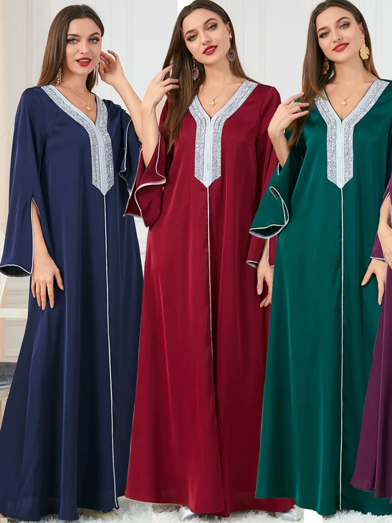 Women Elegant Long Dresses Dubai Luxury V-Neck Diamonds Split Sleeve Ramadan Abaya Muslim Turkish Islam Evening Party Robe