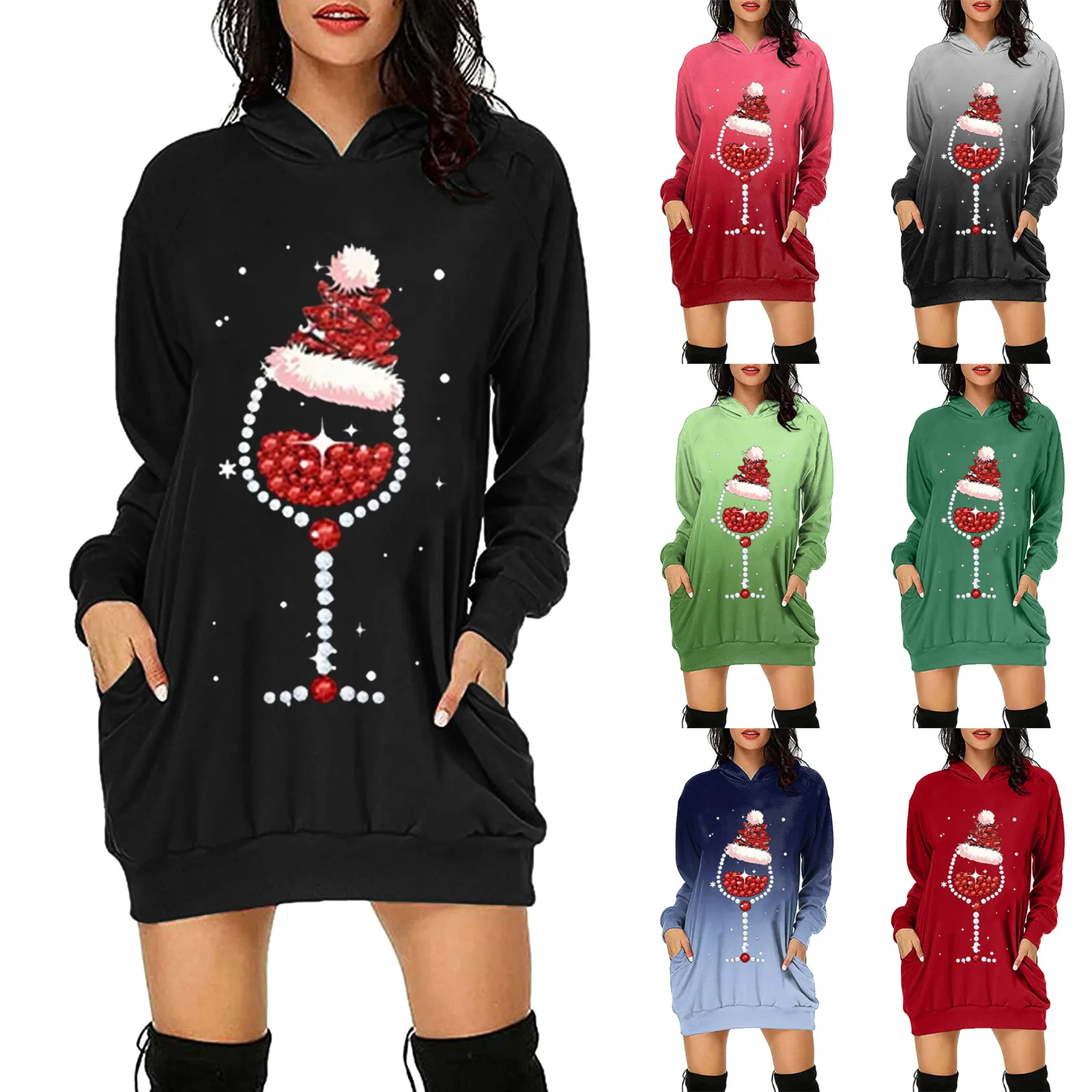 

Women Casual Long Sleeve Hooded Sweatshirt Pocket Pullover Dress Christmas Dress Long Light