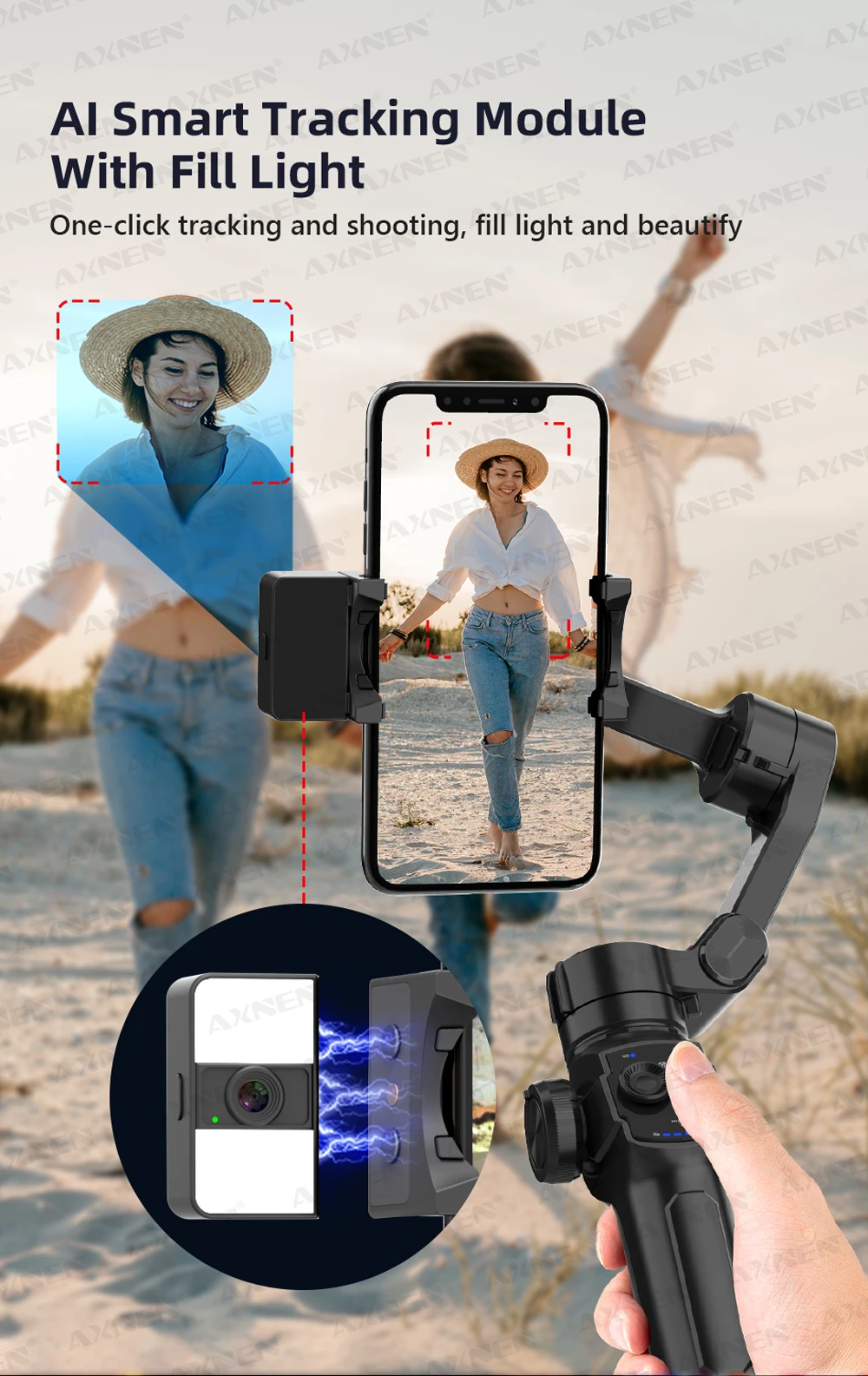 Description Picture 6 of itemAXNEN HQ4 Photography Follow Focus 3-Axis Handheld Gimbal Phone Stabilizer with AI Tracker Fill Light Extension Rod for Mobile