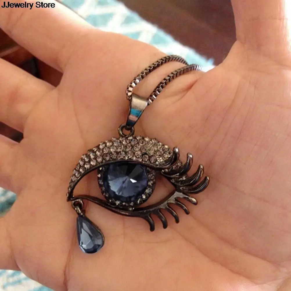 

New 1PC Magic Long Sweater Chain Crystal Rhinestone Teardrop Pendant Necklace Deep Blue Evil Eye Hamsa Necklace