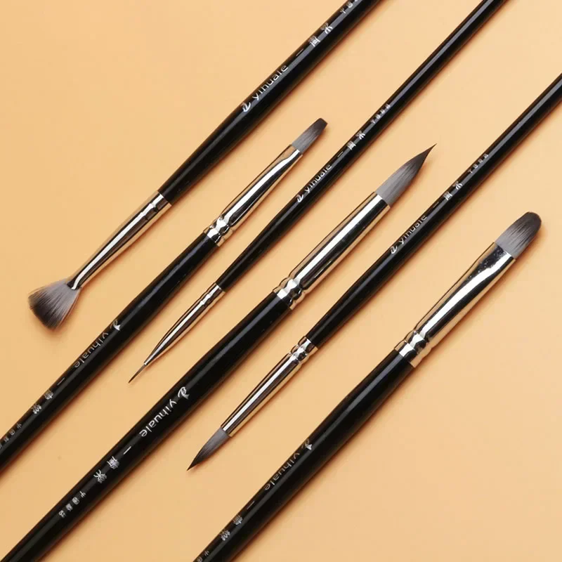 6pcs 다기능 페인트 브러시 블랙 나일론 헤어 세트 자작나무 짧은 막대 오일 아크릴 수채화 구아슈 학생 초급 미술 도구