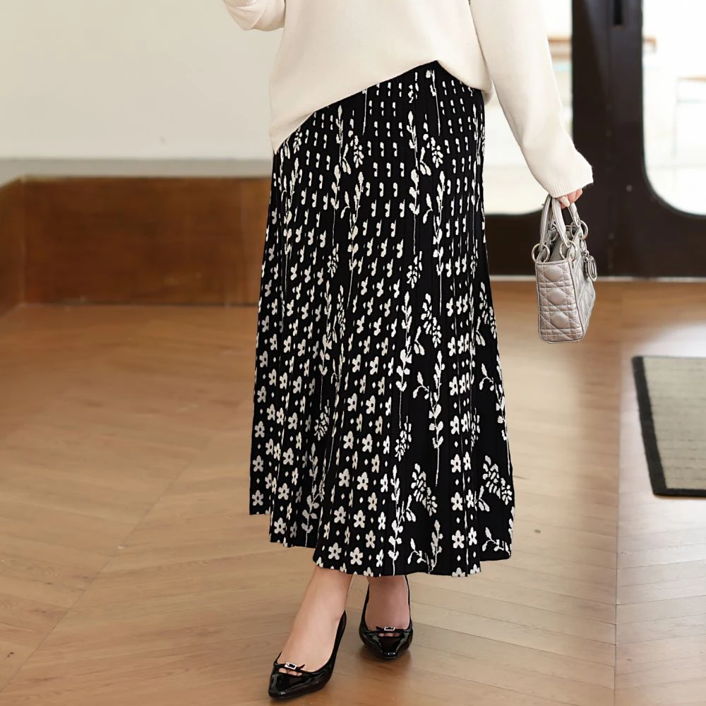 Plus Size Women's Pleated Skirt Premium Commuter Jacquard Solid Color High Waist Skirt A-Line Knitted Autumn Winter 2025