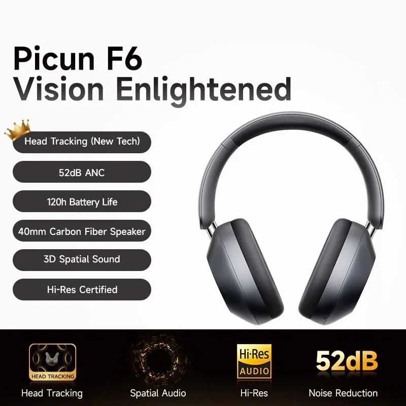 Picun F6 aktivní rámus odvolání bezdrátový sluchátka hlava sledovací 3D audio 40mm hi-res ANC Bluetooth náhlavní HIFI APP ovládání