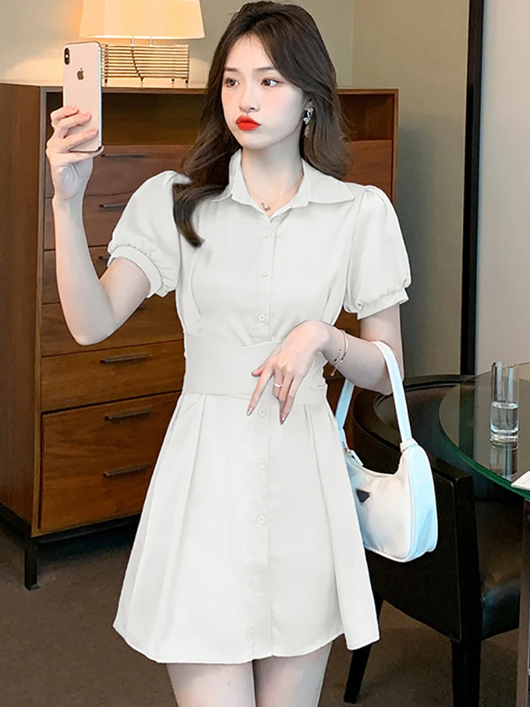 

Women Blue Short Sleeve Polo Collar Mini Dress Spring Summer Elegant Casual Acetate Dress 2024 Fashion Bodycon Office Lady Dress