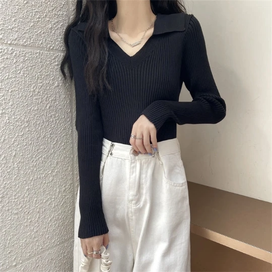 

Black Office Lady V Neck Loose Tops Slim Woman Pullover Knitted Sweater Jumper Spring Top Cloth Clothes Women Girl Lady Suéter