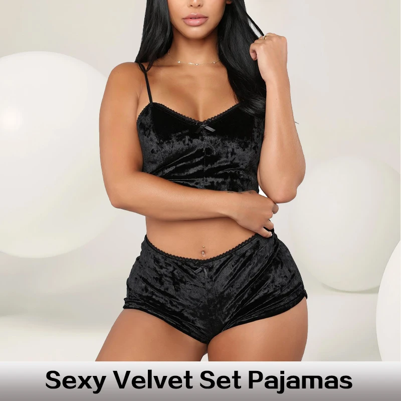 Two Piece Women's Sexy Black Velvet Pajama Set Women's Sleeveless Backless Suspender Top and Shorts Home Pajama Set