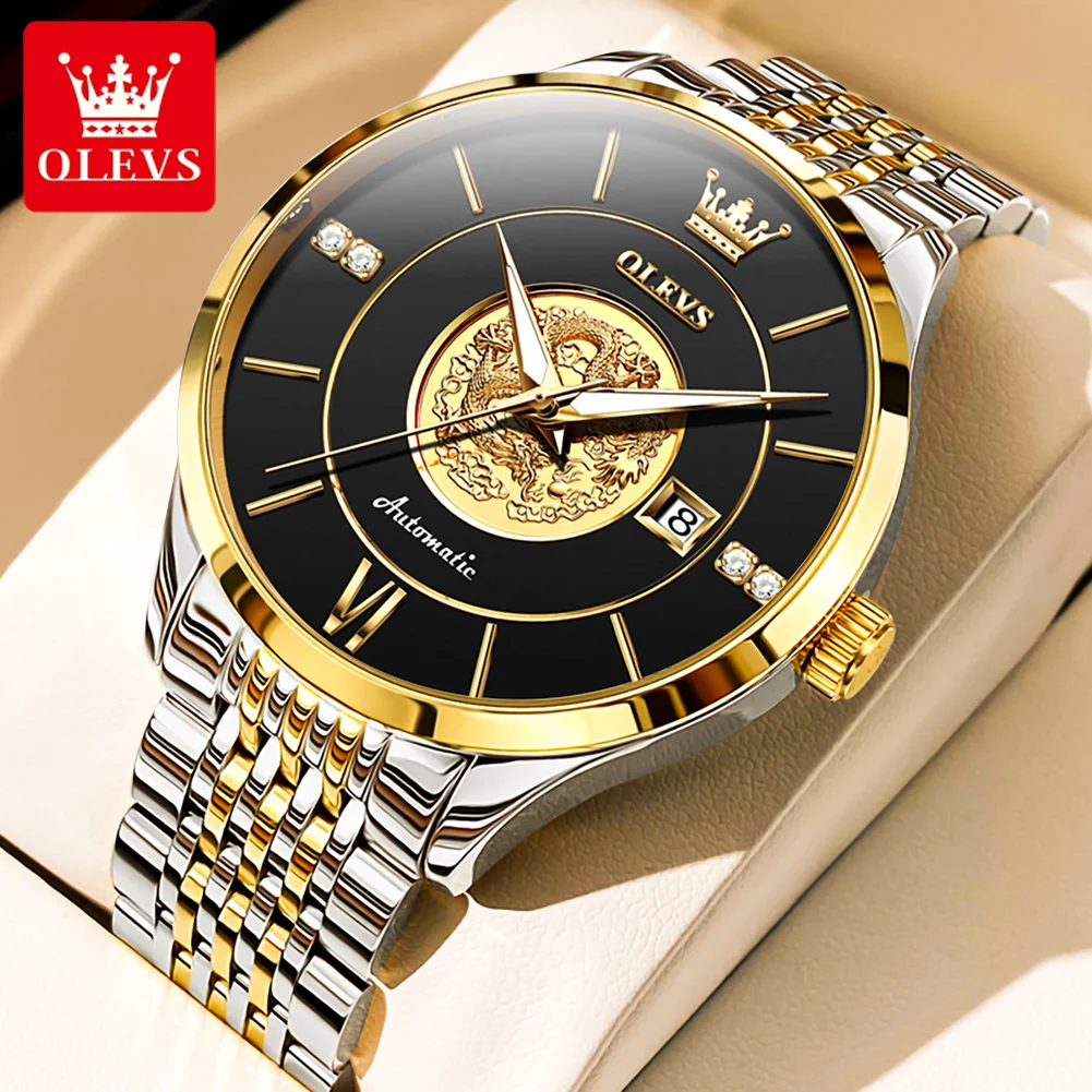 

OLEVS 6693 Automatic Mechanical Watch For Man Golden Dragon Luminous Waterproof Stainless Steel Top Brand Luxury Reloj Hombre