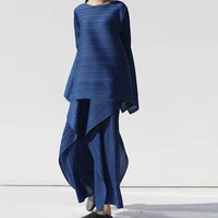 Miyake Pleated Women Two Piece Sets 2023 Summer Long Sleeve T-shirt Tops Ladies Loose Pants Original Designer Causal Clothes 1