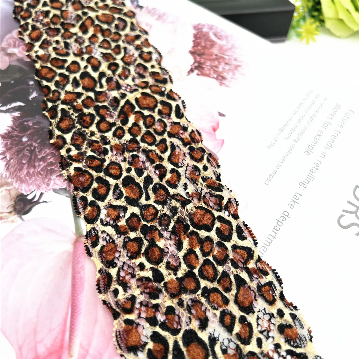 6Y/Lot Width 6cm Narrow Brown Leopard Elastic Lace Trim 1