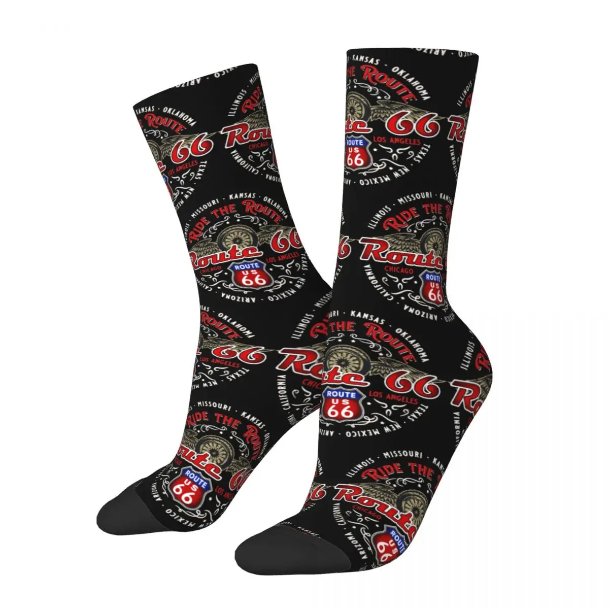 

Funny Crazy Sock for Men Ride The Route Motorcyle Bikers America's Highway Harajuku Route 66 Pattern Printed Crew Sock Gift