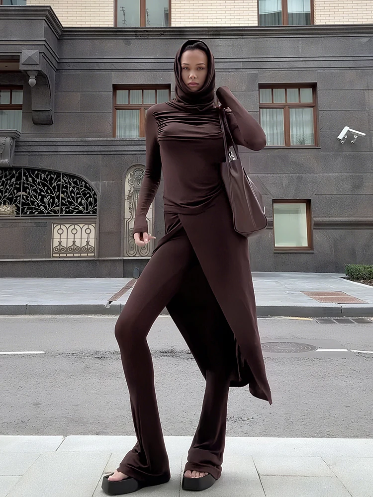 Nibber Fashion Autumn New Style 2Piece Set Woman Hooded Full Sleeve Splits Long Dresses+High Waist Flare Pants High Street Suits