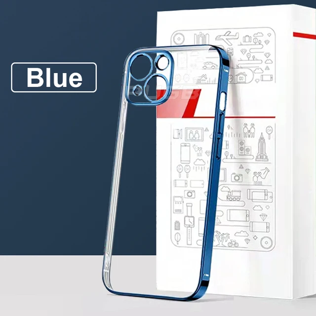 Luxury Plating Transparent Soft Silicone Case for iPhone 13 11 12 Pro Max Mini XR X XS Shockproof Clear Cover Camera Protect Blue