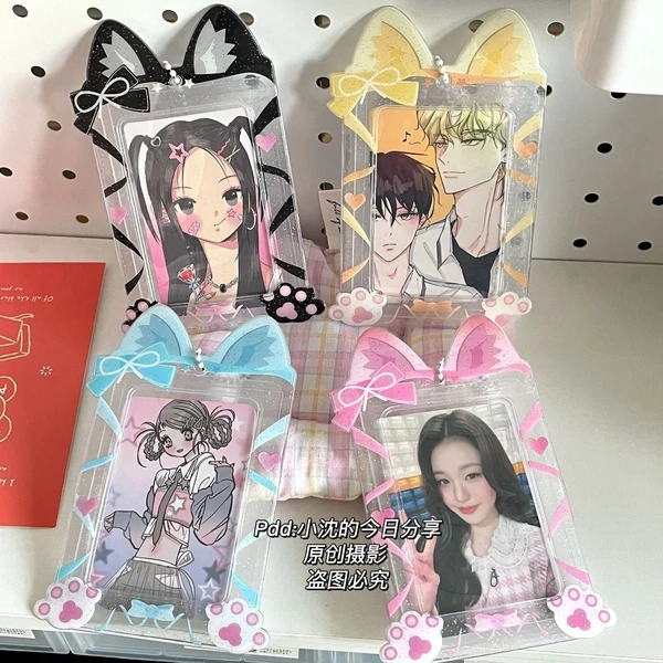 스티브 투명 고양이 리본, 귀여운 사진 카드홀더 펜던트, PVC 카드홀더, Kpop, 3 인치