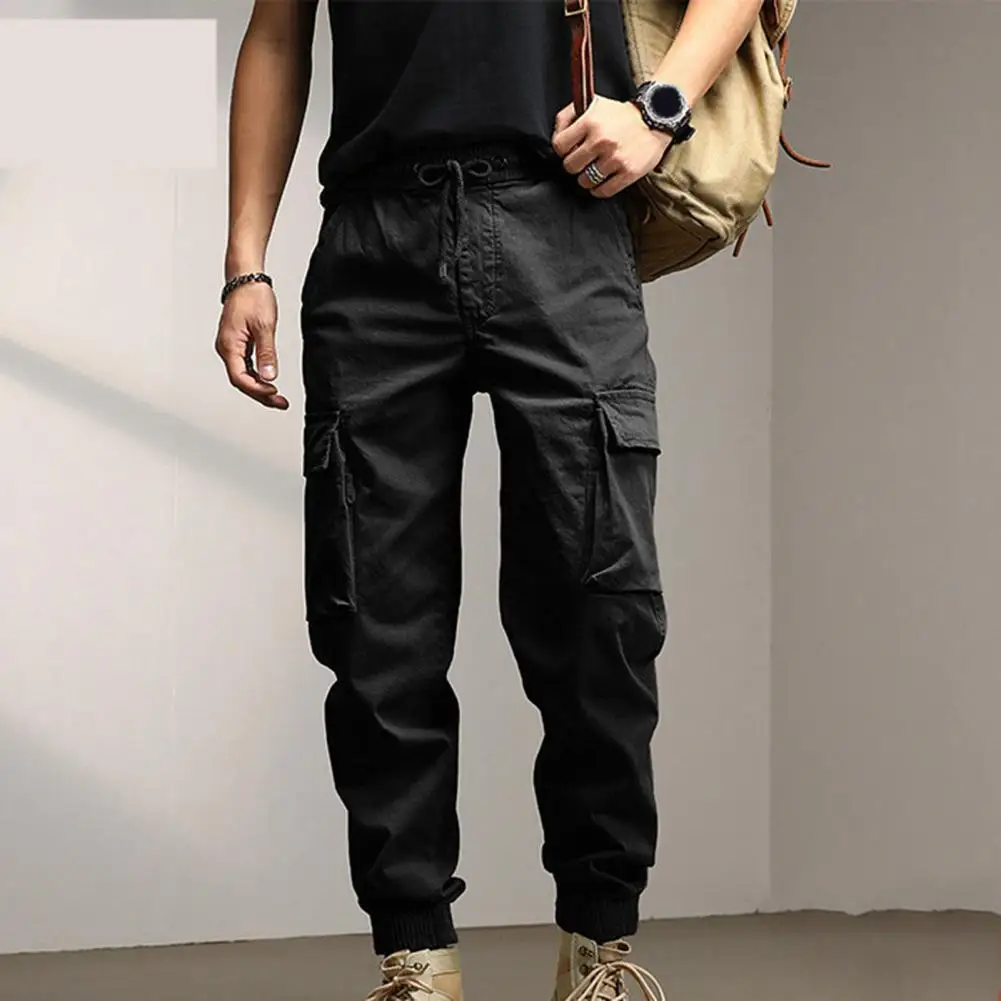 Men Solid Color Pants Men's Cargo Pants with Ankle-banded Design Multiple Pockets Elastic Waist for Sports Comfortable Wear