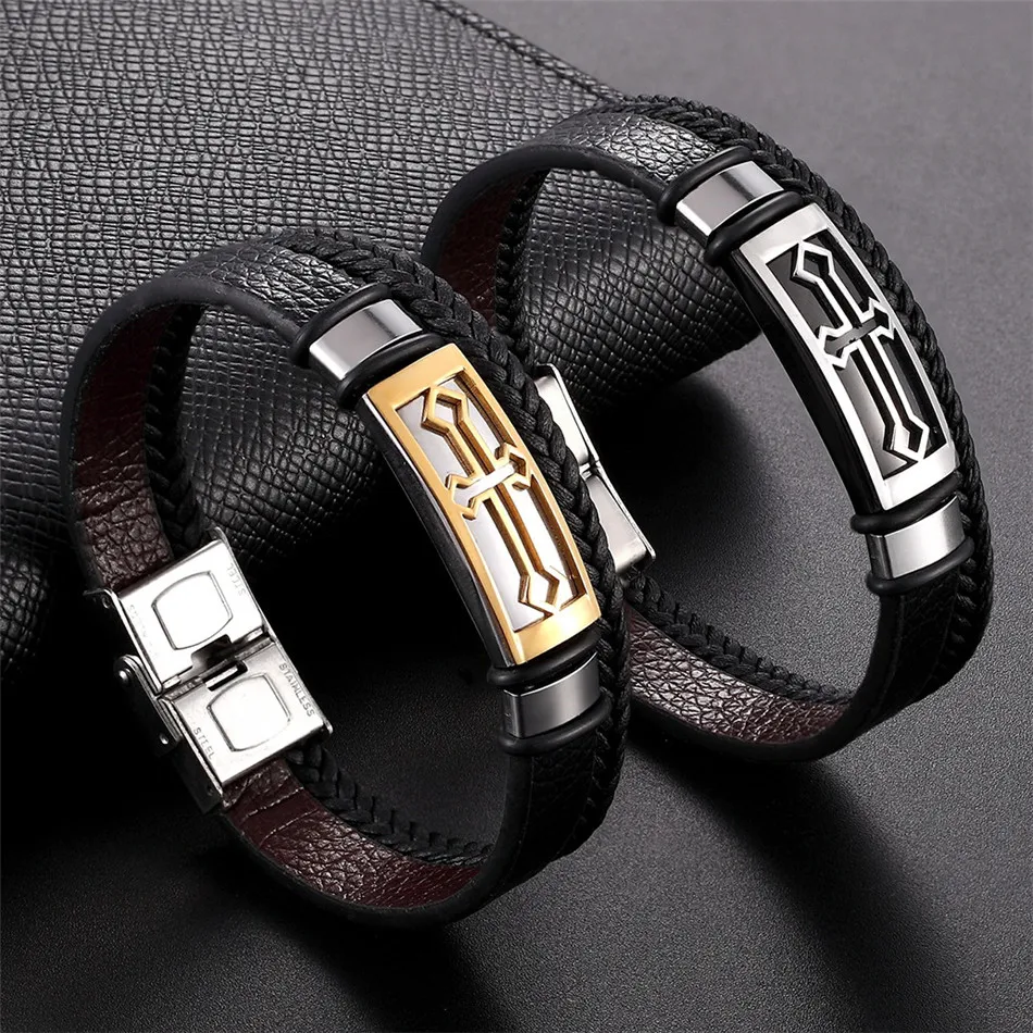 Leather Bracelet Stainless Steel Bracelet Metal Bracelet Christian Cross Bracelets Men Women Hand Jewelry Handmade 2 Lays Leather Cuff Bangle Stainless Steel Accessory 17-23cm Wristlet
