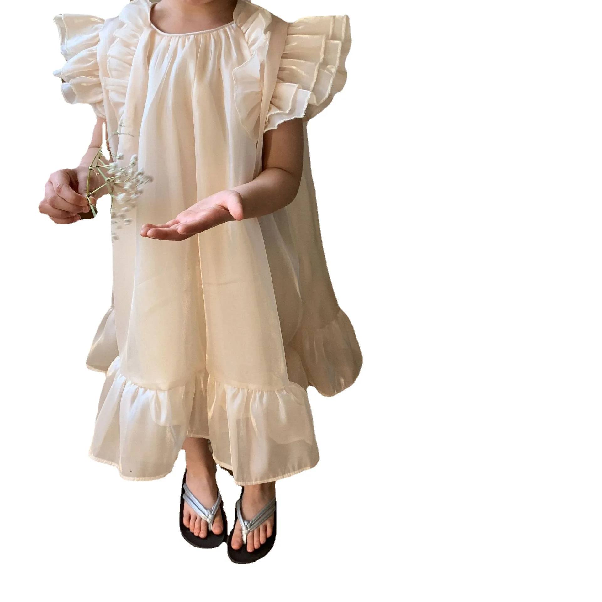

New Girls Fashion Pink Princess Dress Kids Summer Puff Sleeve Casual Dresses Children Korean Style Silk Clothing Gift