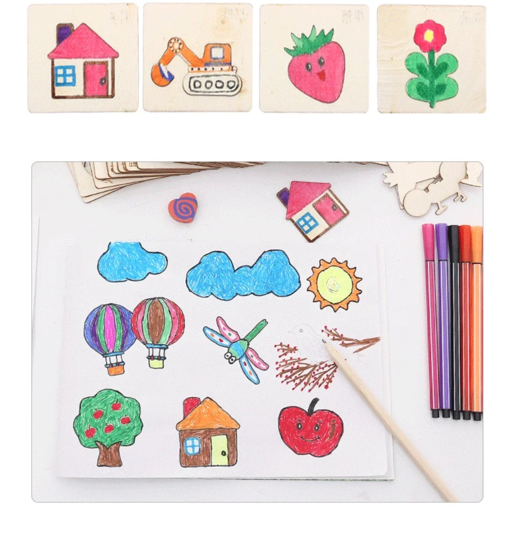 32/20Pcs Kids Montessori Drawing Toys Wooden DIY Painting Template Stencils Educational Toys for Children Funny Learning Gifts 6