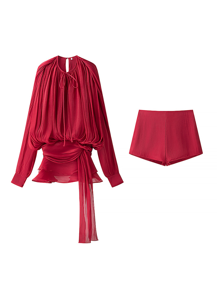 KUCLUT Women Fashion 2 Piece Set Solid Lace Up Pleated Shirt & Vintage Back Zipper Shorts Female Chic Lady Women Shorts Sets