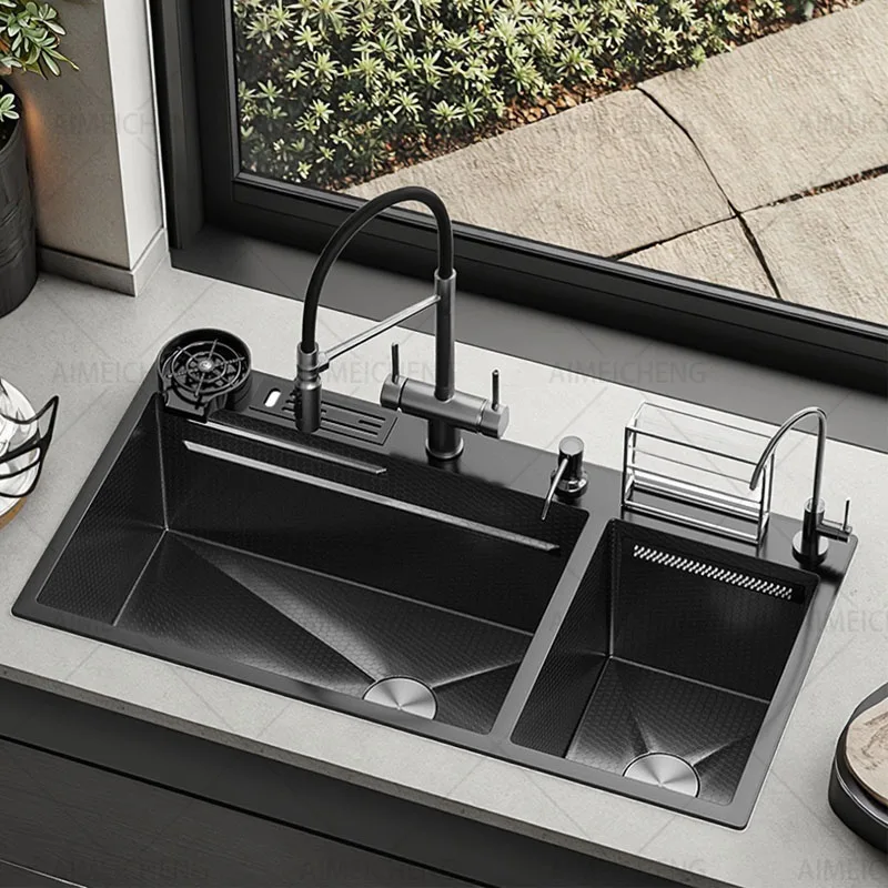 Double Sink Stainless Steel Kitchen Sinks With Waterfall Embossed Double Bowl multifunctional Dishwashing Basin