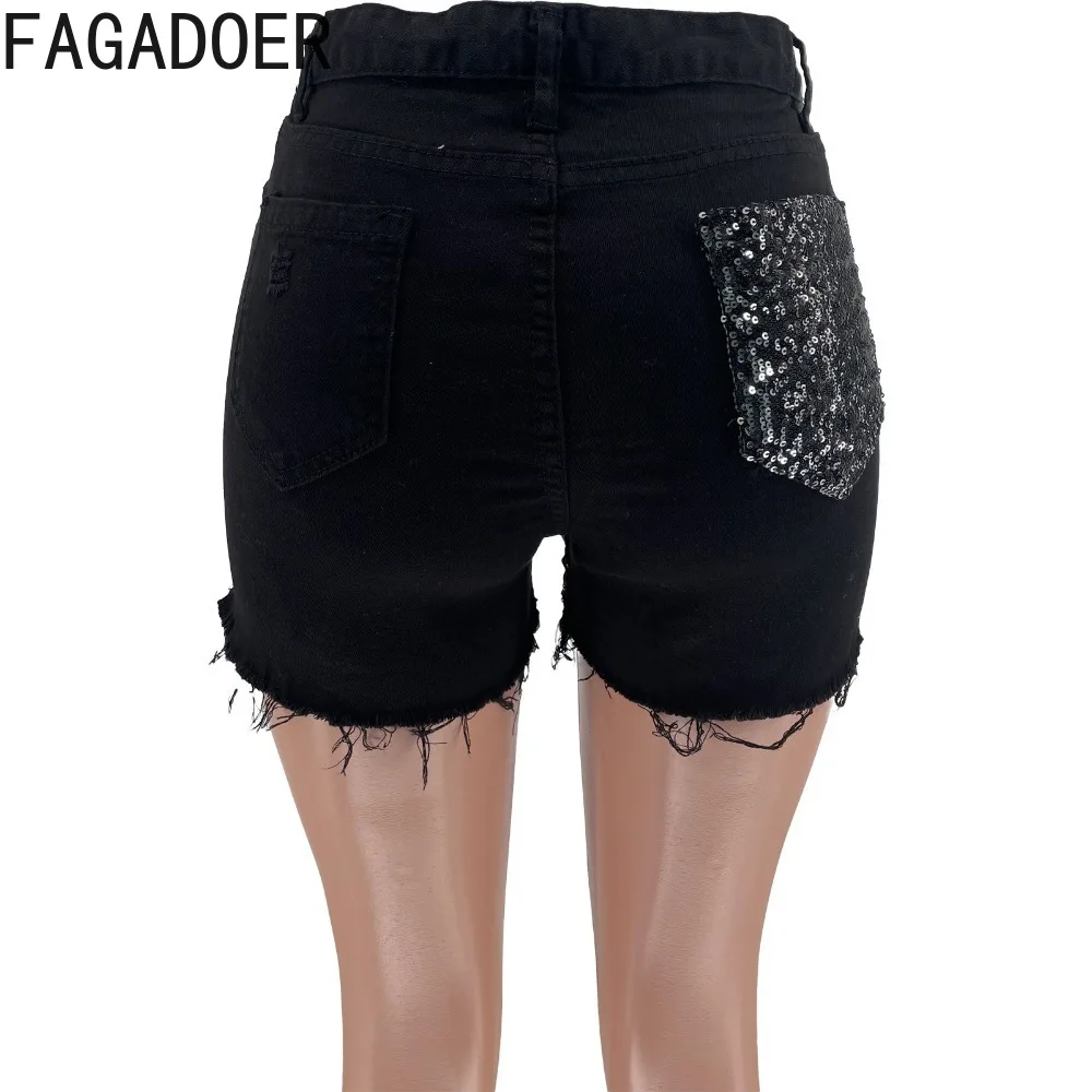 FAGADOER Black Fashion Sequin Design Button Denim Shorts Women High Waisted Skinny Jean Summer Female Solid Color Cowboy Bottoms