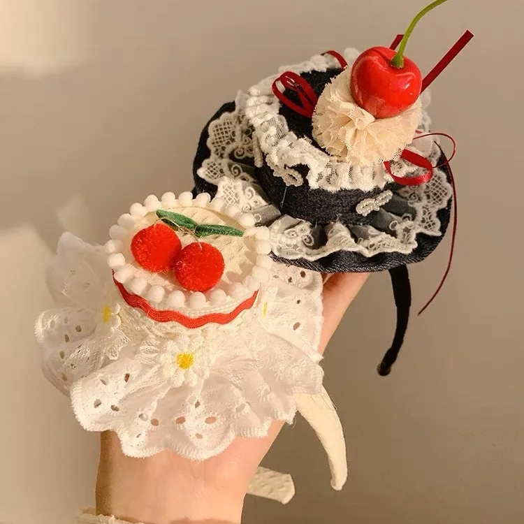 Elegant Cherry Cake Lace Headband for Women - Birthday Photo Hair Accessory
