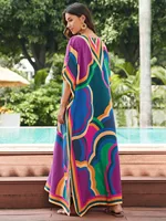 Plus Size Women's Loose Fit Moroccan Print V-Neck Batwing Kaftan Beach Dress Bathing Suit Cover Up - Image 5
