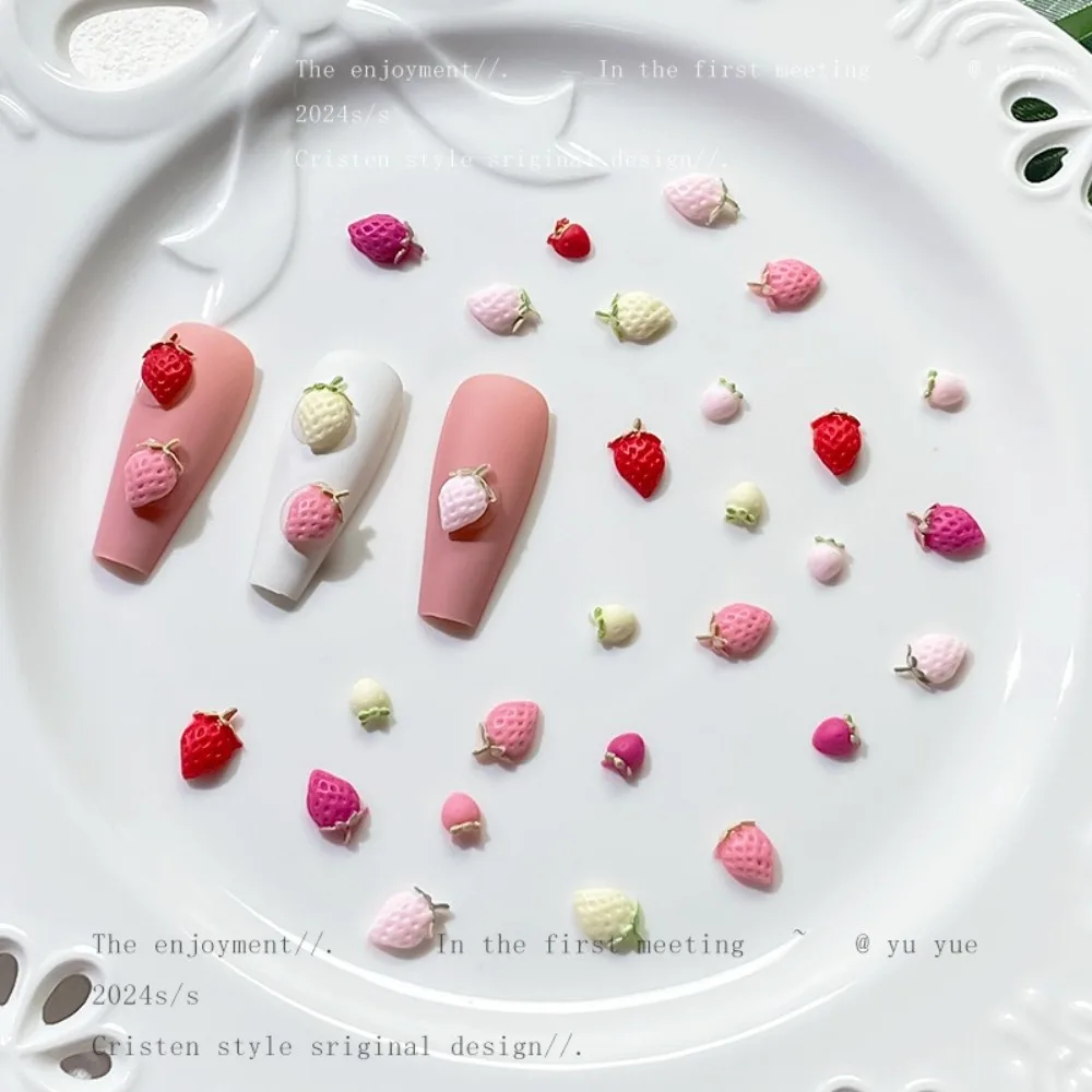 50PCS Resin Strawberry Nail Decorations Macaron Colored Cartoon Nail Art Charms Nails Crafts Simulated Strawberry Nail Stickers