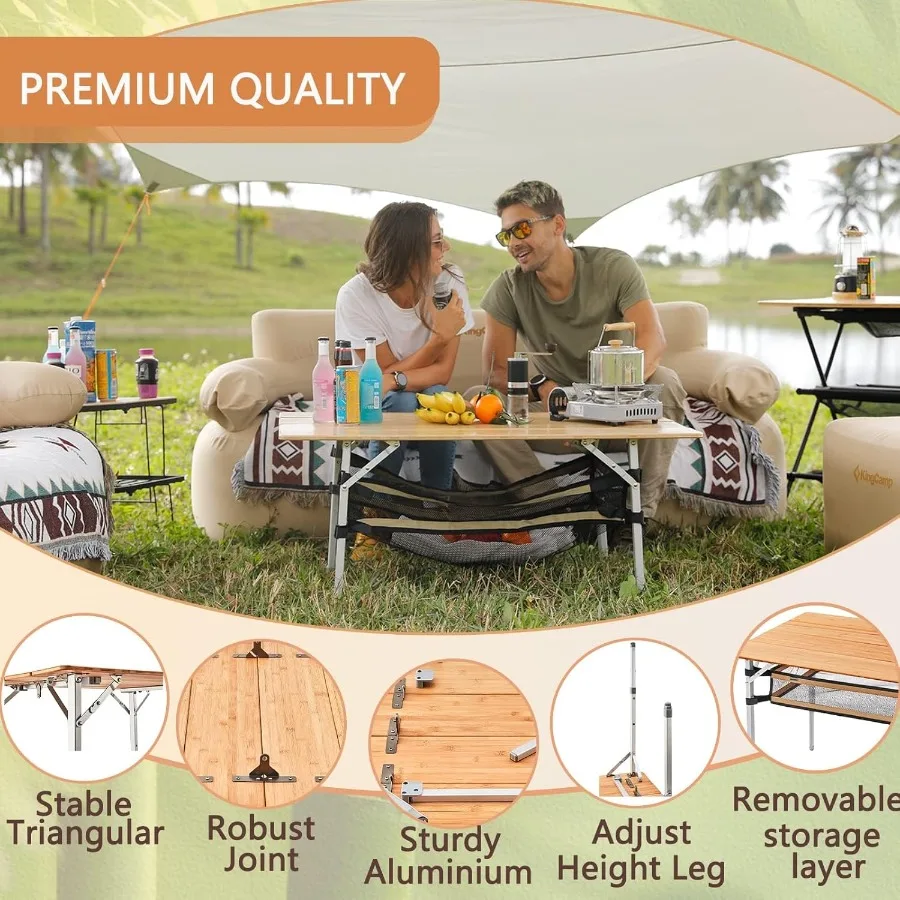 Lightweight Stable Bamboo Folding Camping Table Bamboo Outdoor Folding Tables Adjustable Height Portable Picnic