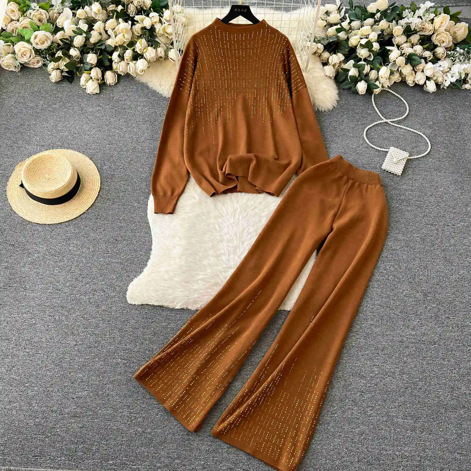 

You&We Women Casual Knitted 2 Pieces Set 2024 spring Long Sleeve Sweater Top and Elastic Waist Wide Leg Long Pants Suits