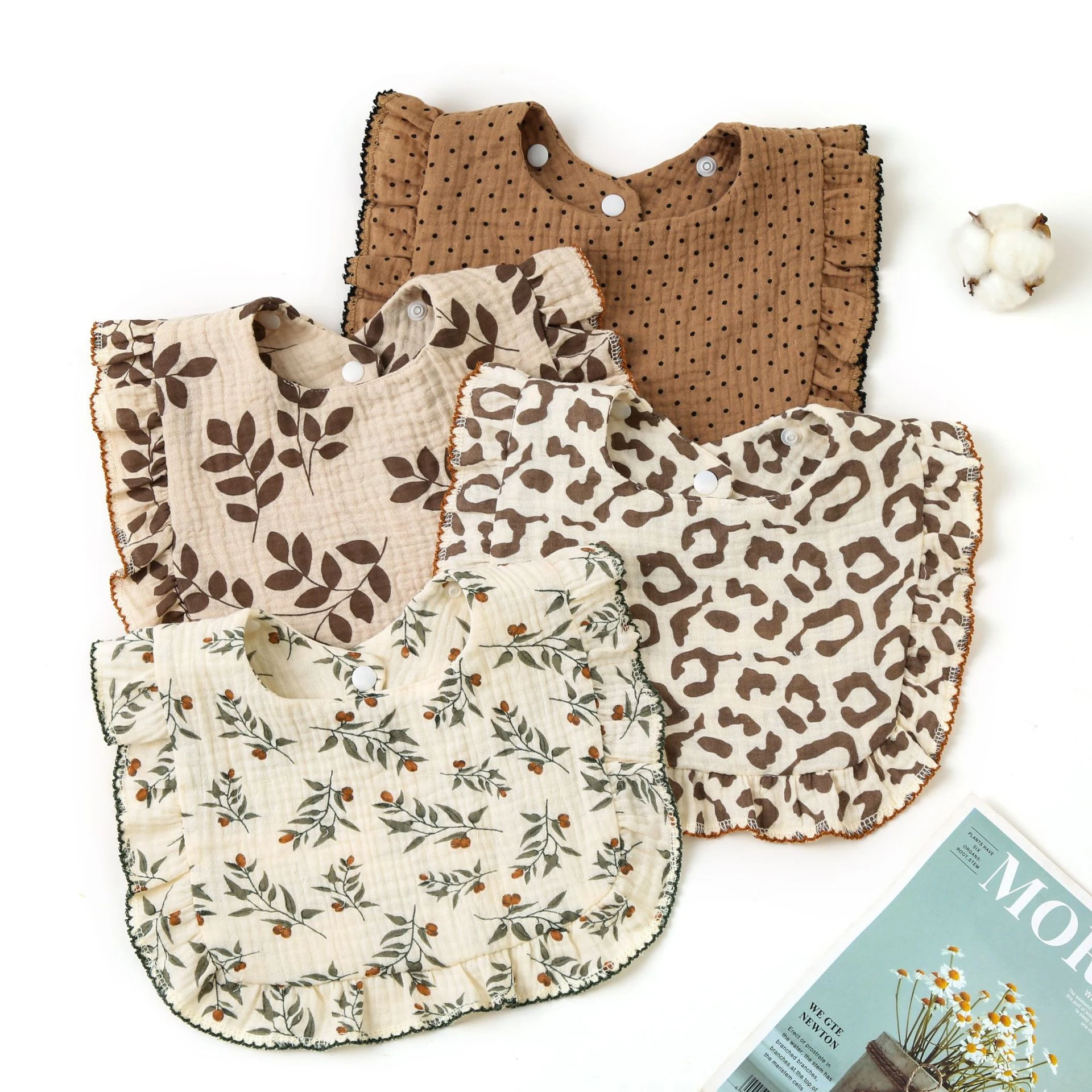 Organic Cotton Muslin Baby Bibs - Floral Ruffle Scarf & Water Absorbent Burp Cloths