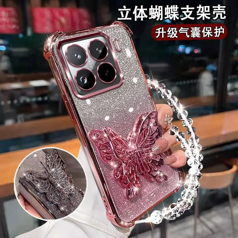 Gradient Glitter Butterfly Holder Phone Case with Strap and Electroplated Finish