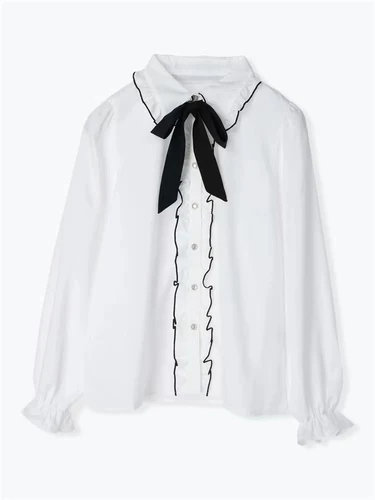 Japanese Style Lacework Bow Tie Sweet Long Puff Sleeve Blouse Sweet Cute Girls Single-Breasted Solid Color Top Bottoming Shirt