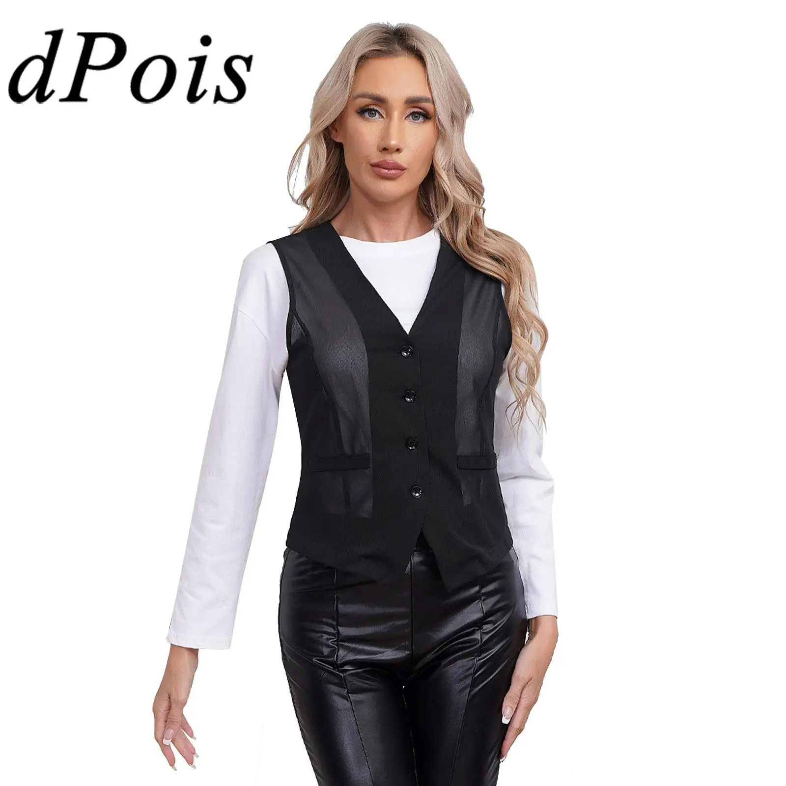 

Elegant Women's Vests Mesh Splice V-Neck Office Ladies Crop Tops Commute Business Work Wear Formal Suits Vest OL Waistcoat Mujer