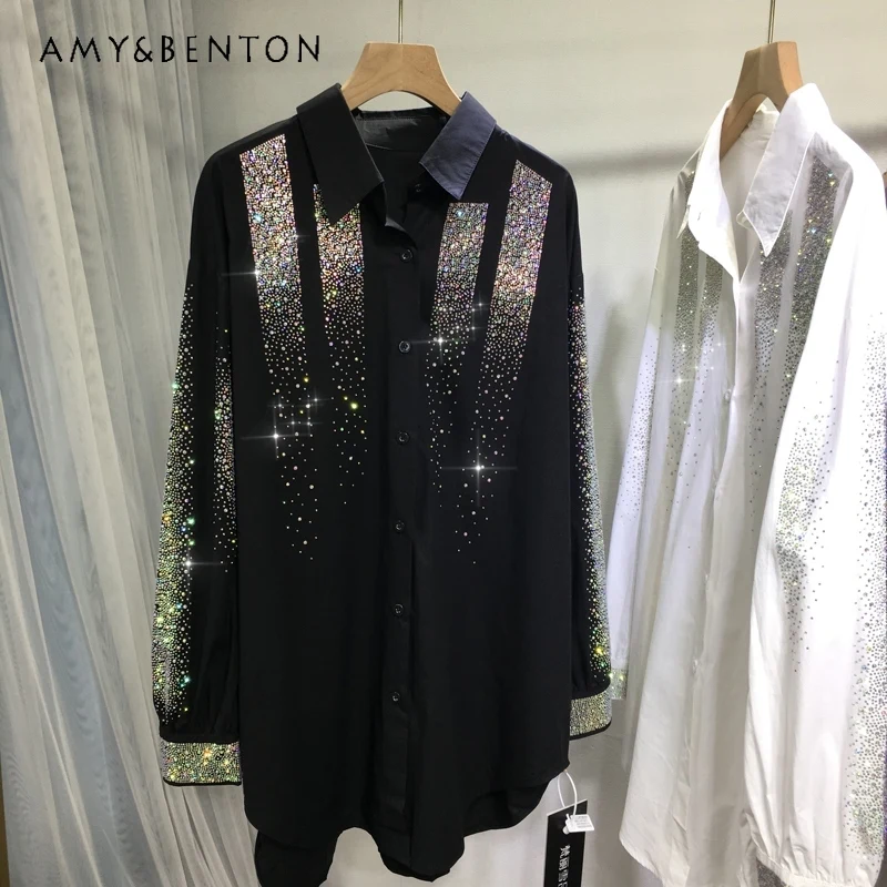 

Heavy Embroidery Diamond Drills Shirt Women's Loose Mid-Length Slimming Cardigan Lapel Simple Large Blouse Top Spring And Summer