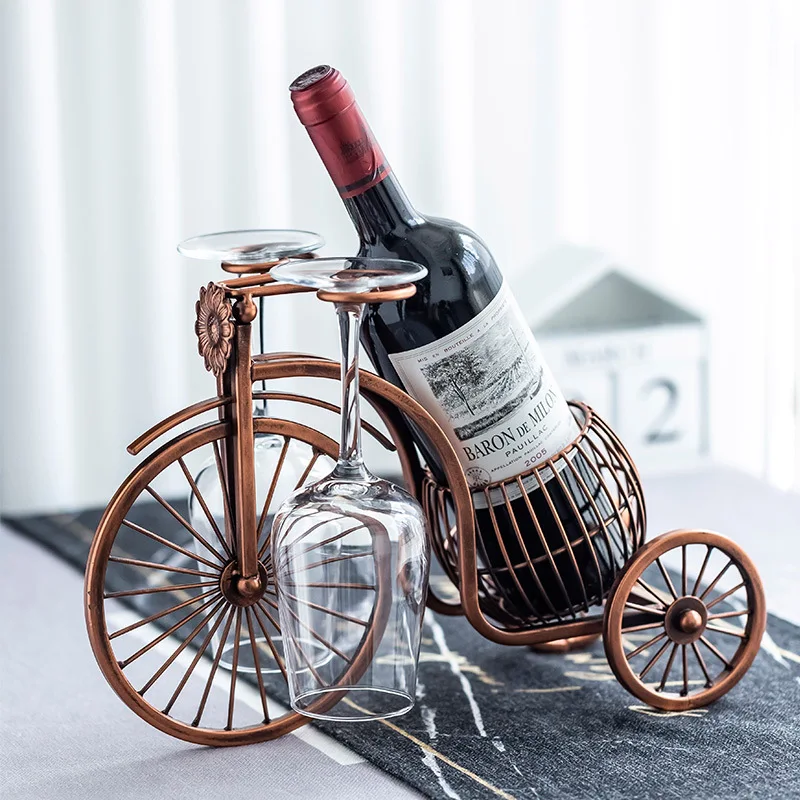 

Vintage Metal Barrel Tricycle Model Wine Holder Ornamental Iron Art Bike Bottle Rack Goblet Hanger Wine Serving Bar Decor Craft