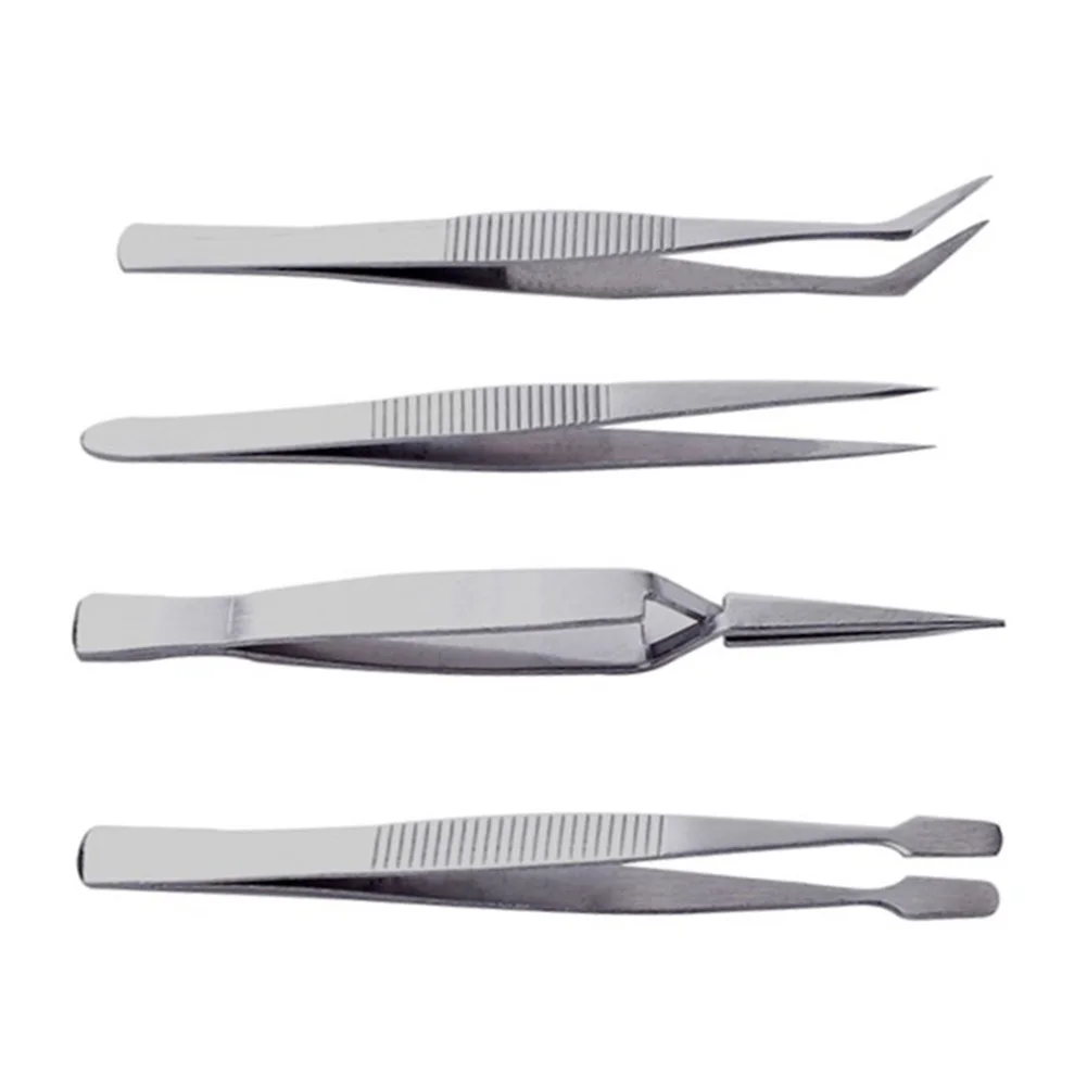 4Pcs Stainless Steel Tweezers Set Precision Thickened Straight Tip Curved  Tweezers Repair Tools