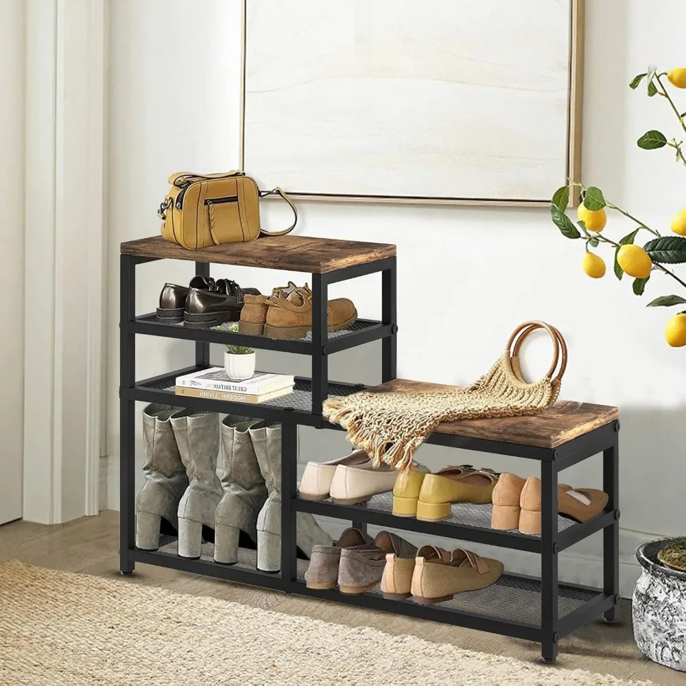 5-Tier Shoe Rack Bench Shoe Storage Organizer w/Seat, Industrial Free Standing Rack Shelves for Entryway, Hallways, Closets